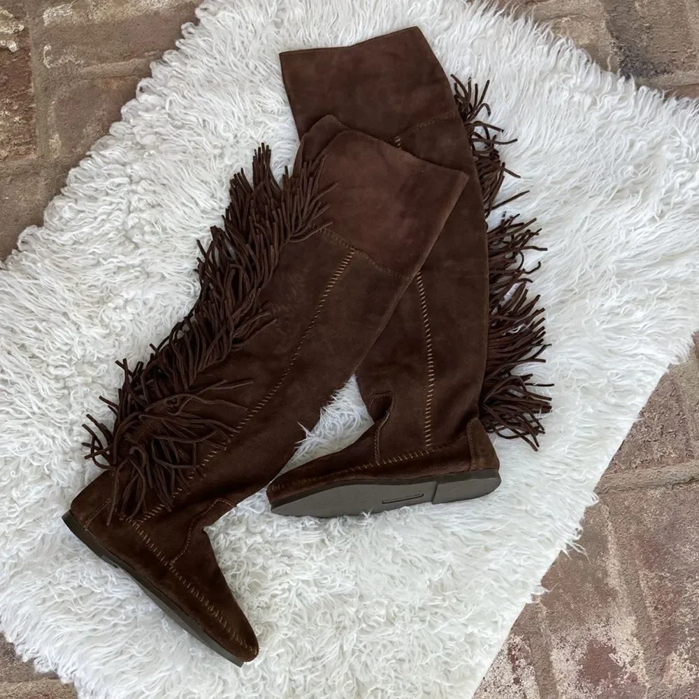 New Minnetonka Tall Leather Suede Brown Fringe Tall Moccasin Boots Size 5